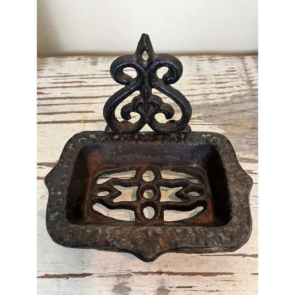 Cast Iron Farmhouse Footed Soap Dish Rustic Black Brown 6